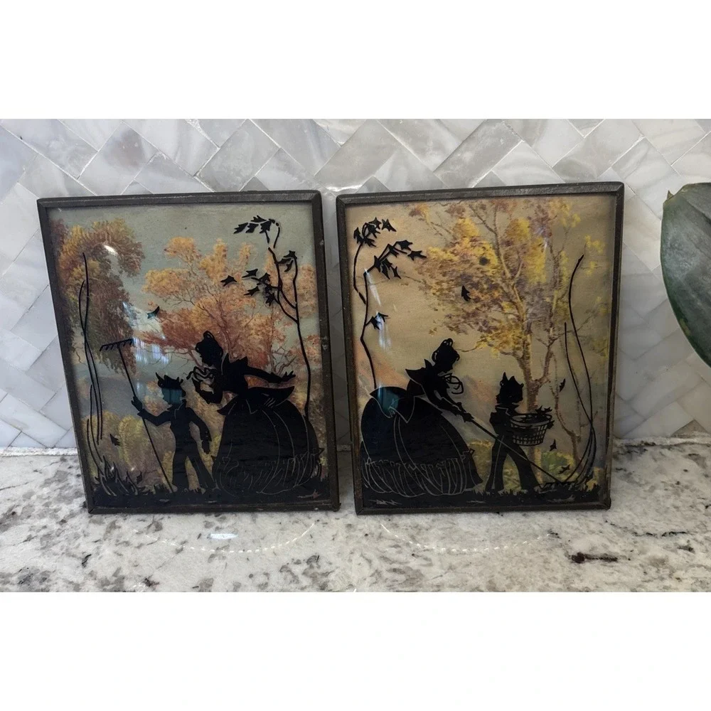 2 Vintage Convex‎ Glass Reverse Painted Wall Art Victorian Lady Child Garden 4x5